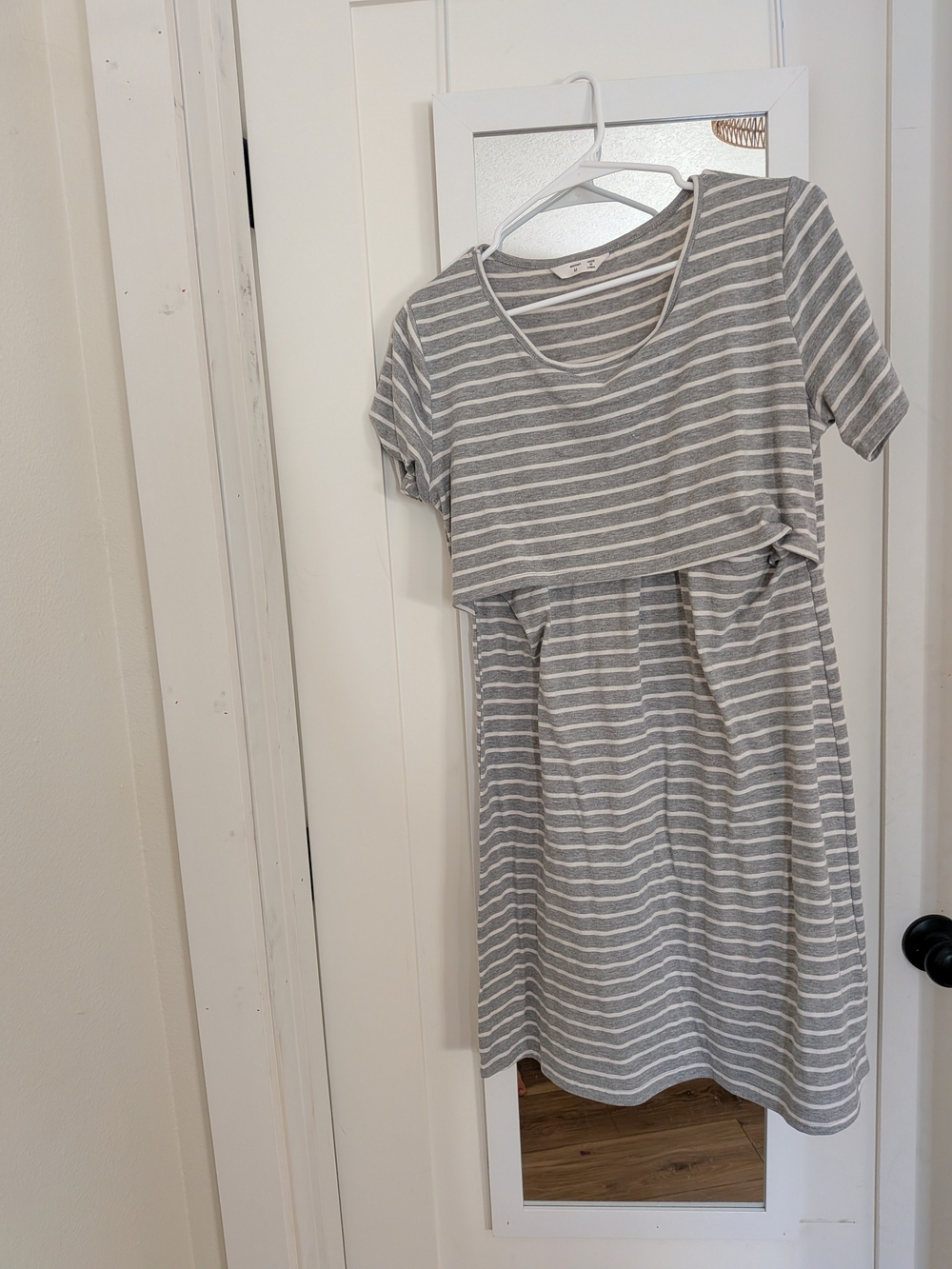 Gray and White Striped Nursing-Friendly Dress